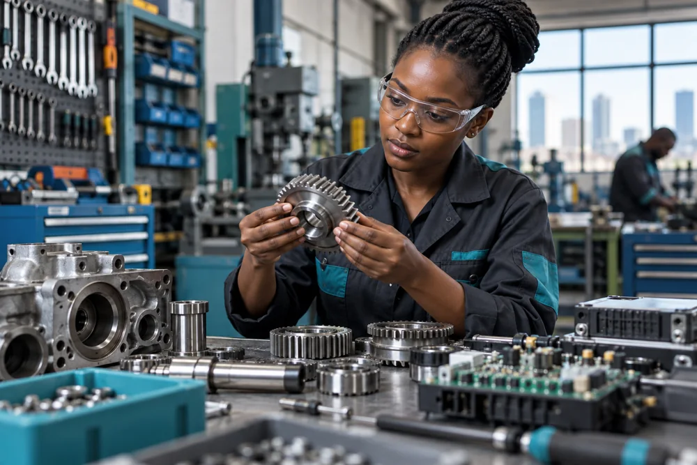 Kenyan engineer inspecting an industrial gear