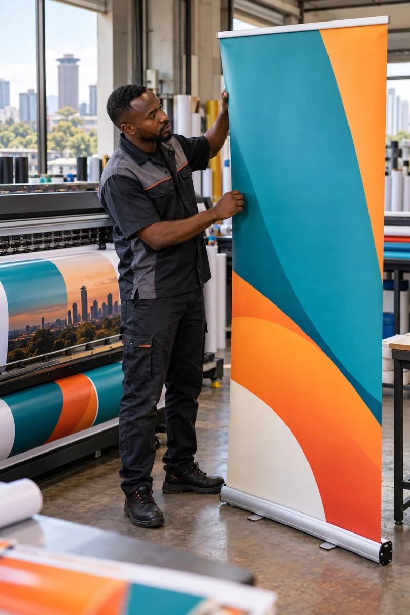 Kenyan print specialist checking a promotional banner